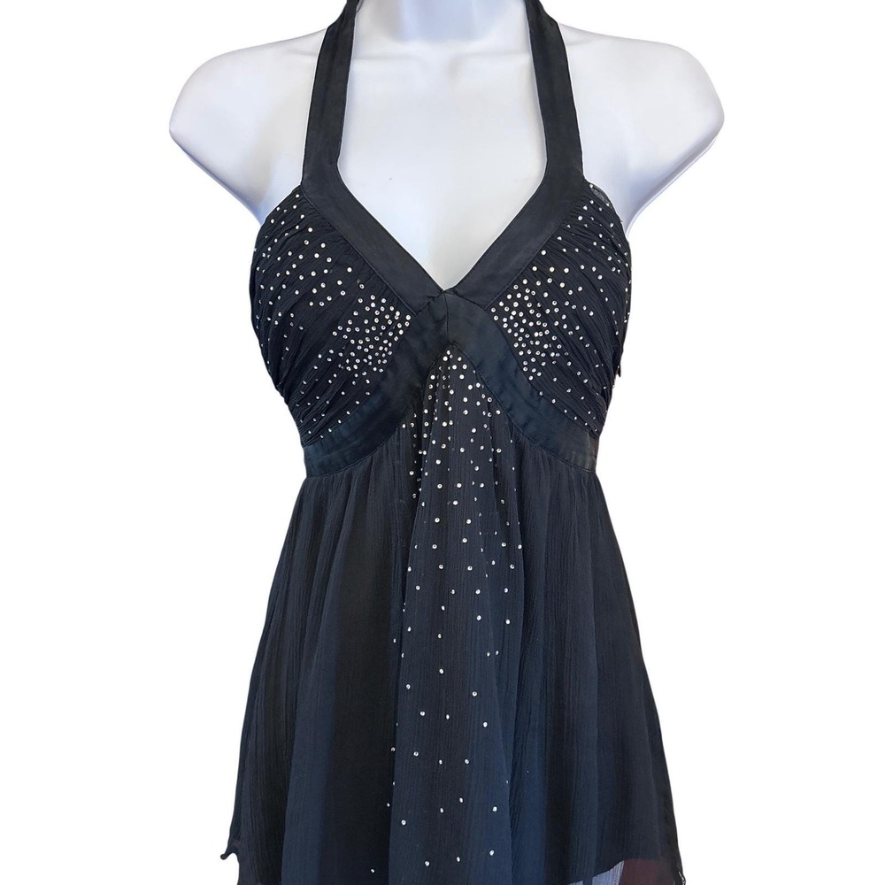 Vintage Express Silk Halter Top Y2K McBling Rhinestone Babydoll Blouse Black 2